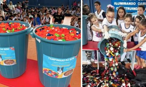 Alunos de Guaçuí fazem o “Tombo das Tampinhas” e dão “aula” de sustentabilidade