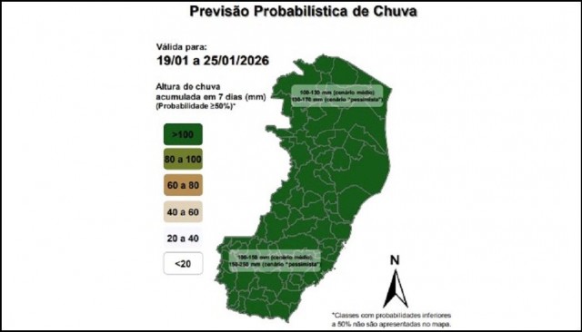 Alerta para chuvas acima de 100 mm a partir desta segunda (19) até quinta-feira (22) no ES