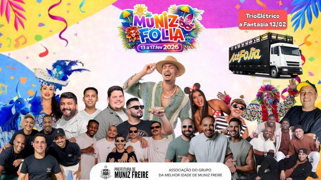 Arte oficial do Carnaval Muniz Folia 2026, com atrações musicais e informações sobre datas e eventos em Muniz Freire.