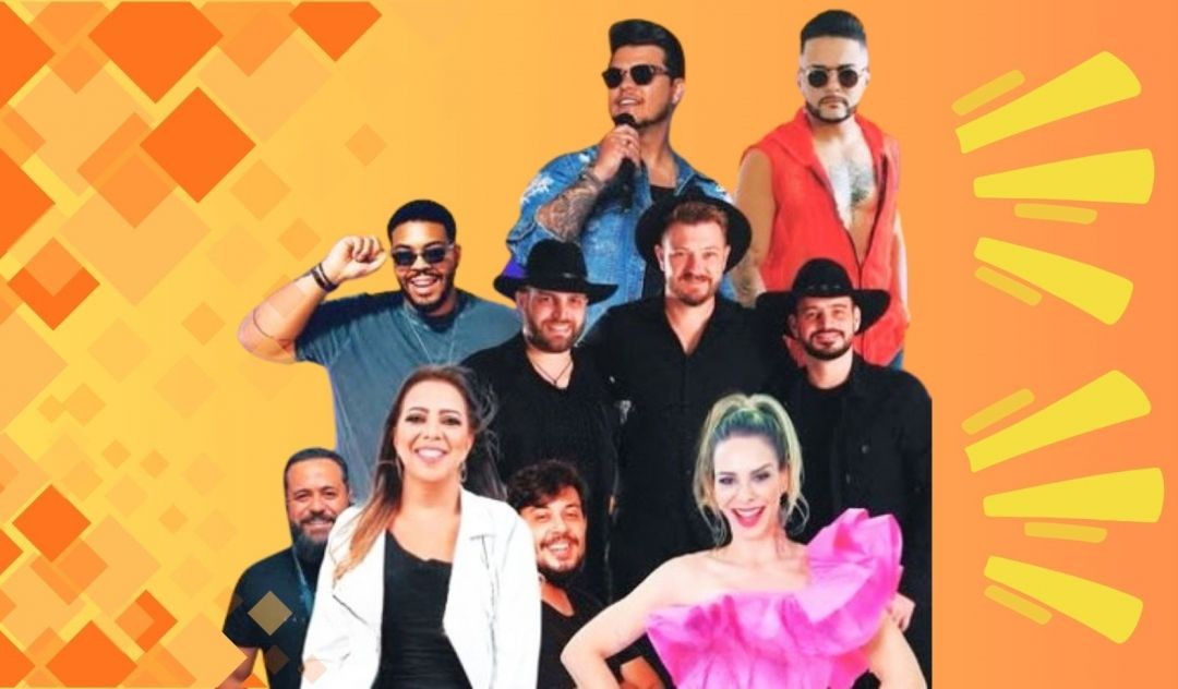 Montagem promocional com artistas e bandas que integram a programação do Carnaval nas Montanhas em Dores do Rio Preto, em fundo colorido com elementos gráficos de carnaval.