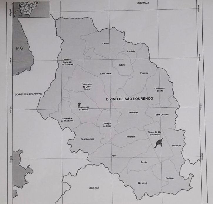 Mapa cartográfico do município de Divino de São Lourenço em preto e branco, destacando as divisões internas de distritos e localidades.