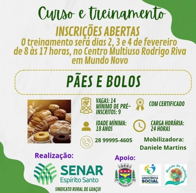 Cartaz informativo anuncia curso de pães e bolos com inscrições abertas, realizado pelo Senar Espírito Santo, com datas, local e informações de contato.