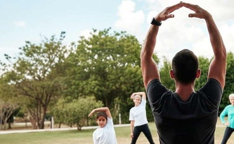 Fotografia de costas de um educador físico com os braços erguidos em círculo, orientando um grupo de pessoas, incluindo uma criança e uma idosa, em um exercício de alongamento ao ar livre em um parque arborizado.