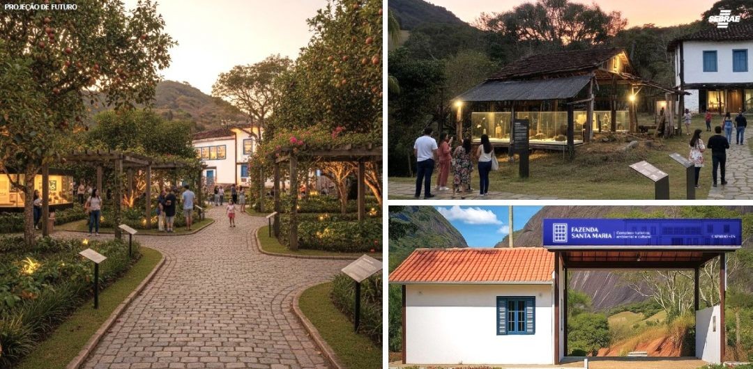 Imagem mostra visão externa do futuro Complexo da Fazenda Santa Maria, com um jardim e pessoas circulando por ele, em outra mais pessoas andando, com a fazenda ao fundo e um velho curral e, ainda, o futuro portal de entrada do Complexo.