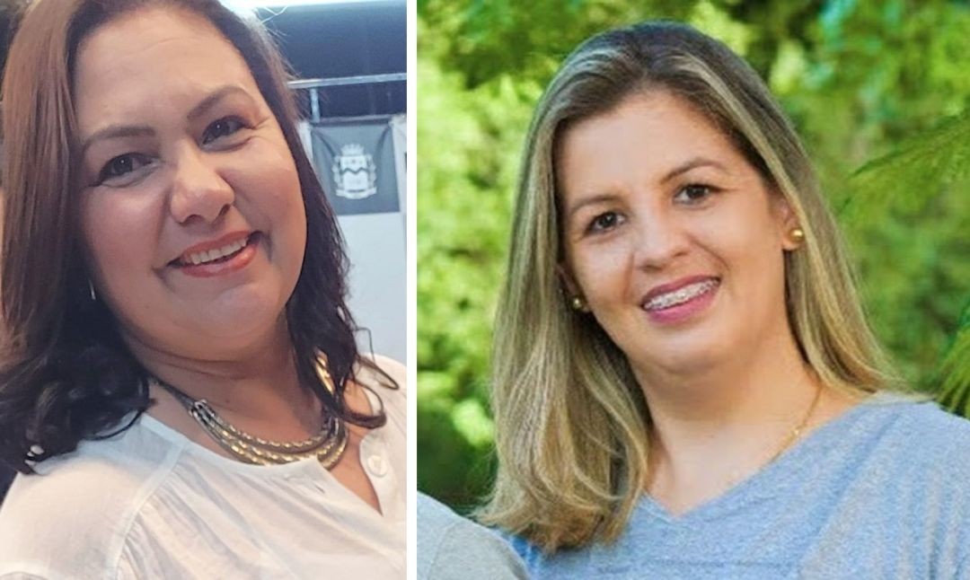 Montagem com duas fotos lado a lado. À esquerda, Karla Valéria (Polo Iúna), mulher de cabelos escuros e sorriso aberto, usando colar dourado. À direita, Simony Maria (Polo Alegre), mulher loira de cabelos médios, sorrindo e usando blusa azul.