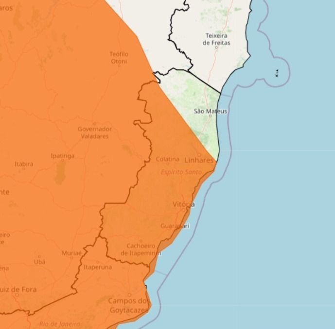 Mapa do Inmet mostra áreas do Espírito Santo sob alerta de perigo para chuvas intensas e ventos fortes.