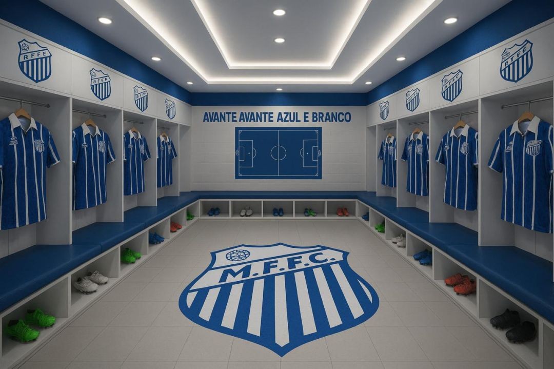 Projeto do novo vestiário do Estádio José Ibrahim Nicolau, com identidade visual do Muniz Freire Futebol Clube, nas cores azul e branco, estrutura moderna e ambientes planejados para atletas e comissão técnica.