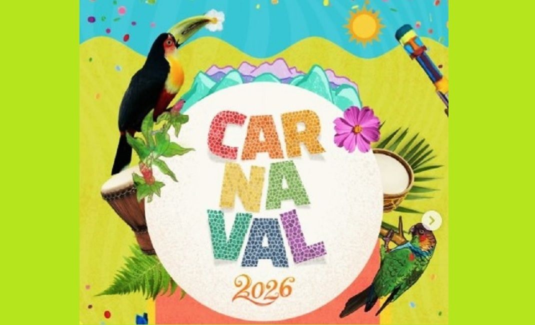 Arte oficial do Carnaval 2026 de Patrimônio da Penha, com ilustração colorida de elementos da natureza, aves tropicais, instrumentos musicais e a inscrição “Carnaval 2026”, representando a diversidade cultural e o clima festivo do evento comunitário.