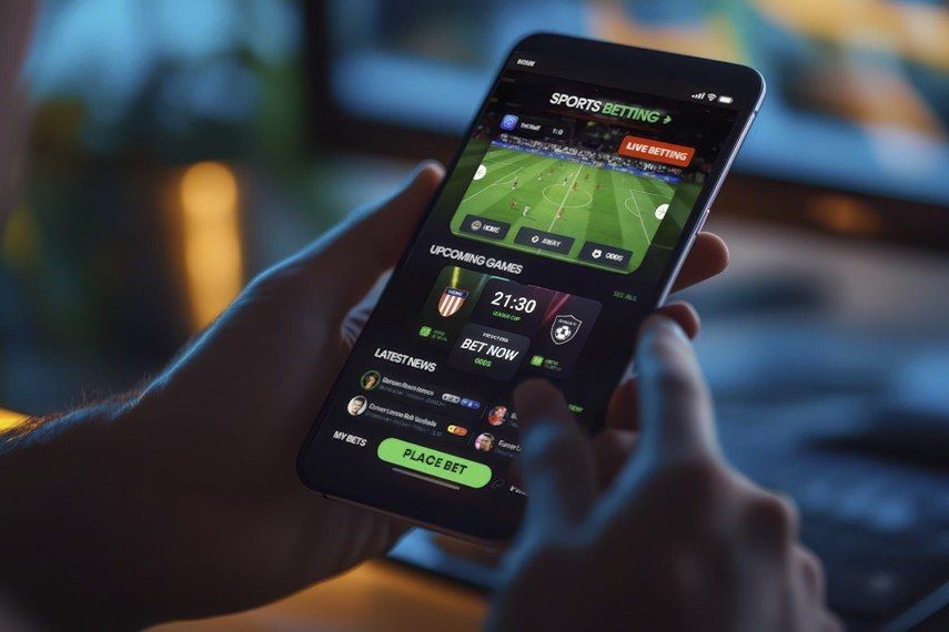 Pessoa utilizando celular com aplicativo de apostas esportivas aberto na tela, representando jogos on-line e apostas digitais.