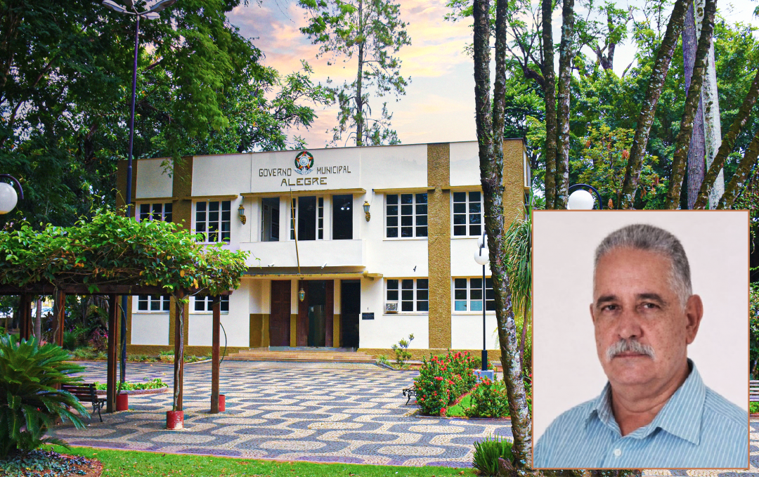 Fachada da sede da Prefeitura de Alegre e, em destaque, o ex-prefeito de Alegre, José Carlos de Oliveira, conhecido como Caléu, em retrato oficial.
