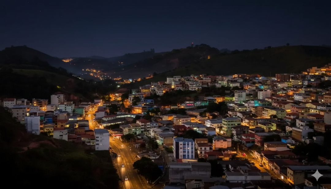 Vista aérea noturna de Iúna, na região do Caparaó, iluminada, com ruas, prédios residenciais e luzes urbanas destacando o consumo de energia elétrica no ambiente urbano.