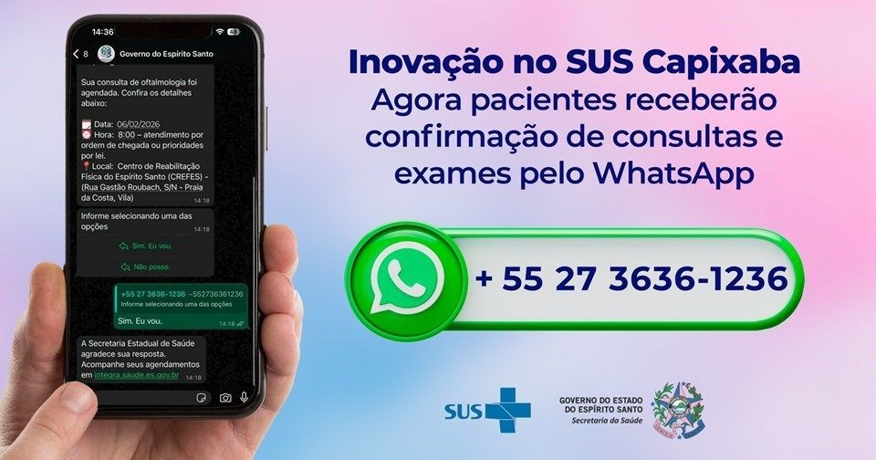 Arte institucional do Governo do Espírito Santo informando que pacientes do SUS passarão a receber confirmação de consultas e exames pelo WhatsApp, com destaque para o número (27) 3636-1236.