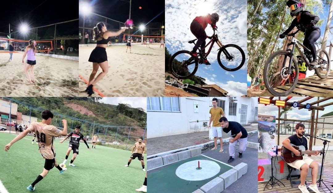 Montagem com imagens de modalidades esportivas do Café Verão em Brejetuba, incluindo vôlei de areia noturno, ciclismo com salto, mountain bike, partida de futebol society, jogo recreativo e apresentação musical ao vivo em palco aberto.