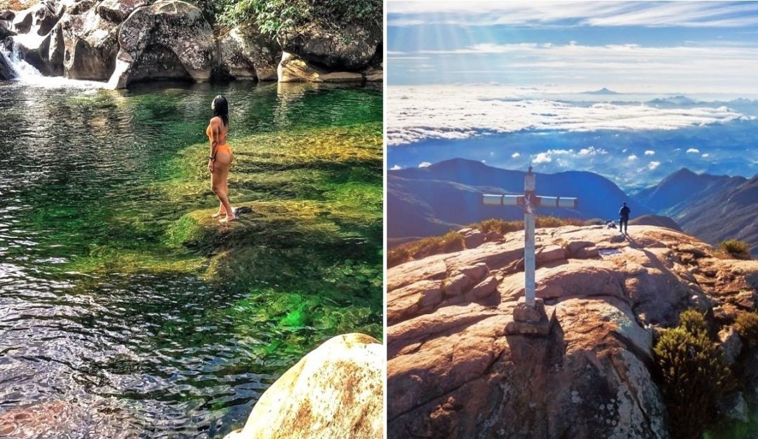Visitante em poço de água cristalina cercado por rochas e vegetação nativa em cachoeira de Ibitirama e a vista do topo do Pico da Bandeira, com cruz de marcação geográfica e mar de montanhas ao amanhecer.