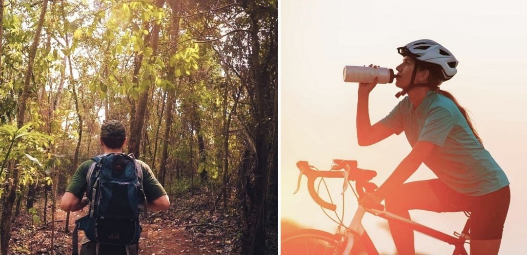 Visitante caminhando por trilha em meio à mata preservada do Caparaó, com mochila nas costas, durante atividade de ecoturismo em Ibitirama, e ciclista com capacete pedalando em estrada ao pôr do sol, representando o turismo de aventura e as rotas de ciclismo na região de Ibitirama.