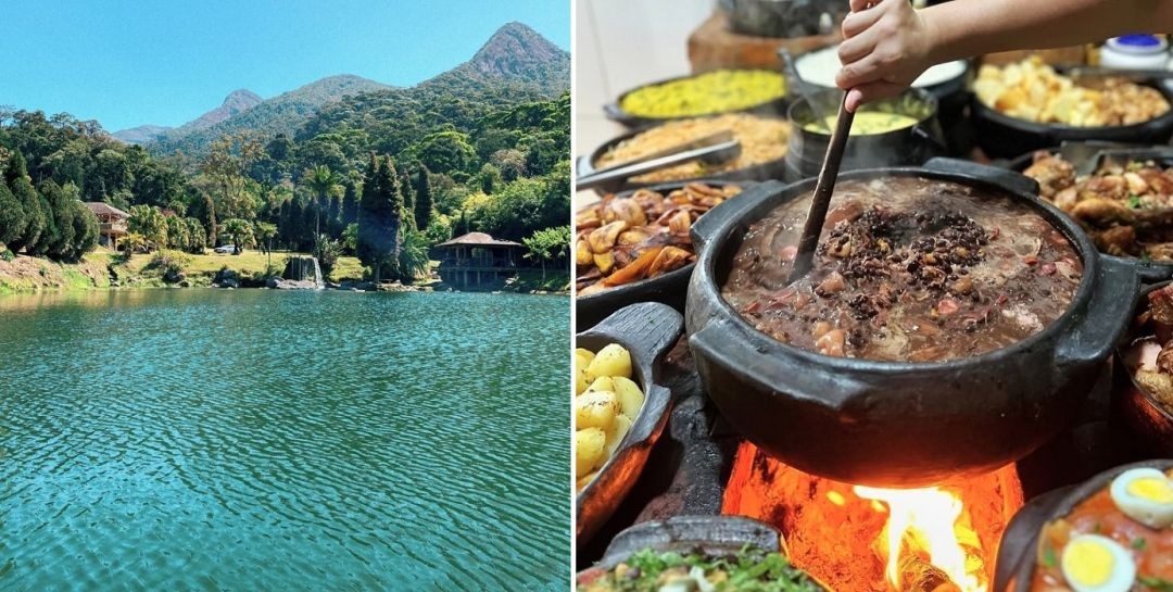 Lago de águas verdes cercado por mata preservada e montanhas no interior de Ibitirama e a panela de barro sobre fogão a lenha, com prato típico da culinária regional sendo preparado.