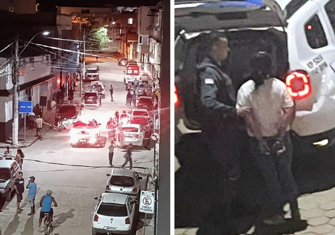Visão do alto com viatura da Polícia Militar e ambulância isolando rua no bairro Boa Esperança, em Ibatiba, onde homem foi morto a facadas e pedradas, enquanto PM conduz suspeita do crime para viatura.