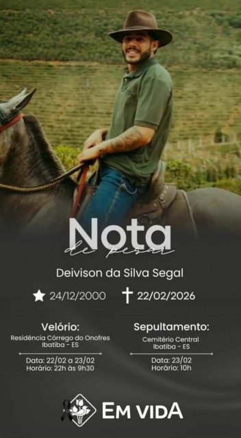 Jovem montado a cavalo em área rural; arte de nota de pesar informa falecimento de Daivison da Silva Sigal, com datas de nascimento e morte e detalhes do velório e sepultamento.
