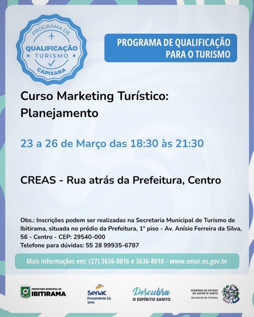 Cartaz oficial do curso “Marketing Turístico: Planejamento”, com informações sobre datas, horários e local em Ibitirama.