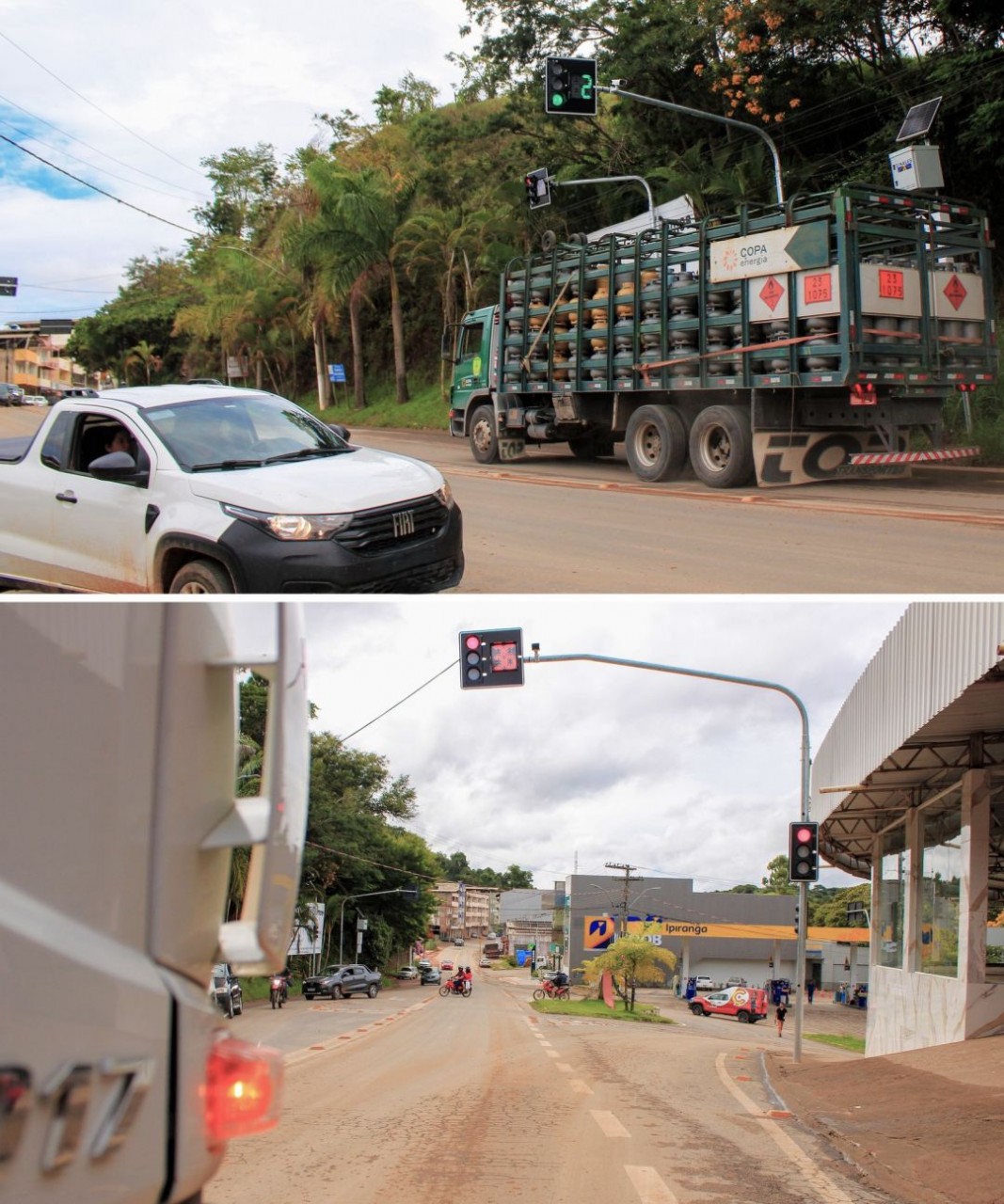 Montagem de fotos mostrando o novo semáforo de Iúna. Na imagem superior, um caminhão de transporte de gás passa por um semáforo com cronômetro digital verde e placa solar. Na imagem inferior, vista da via com semáforo no sinal vermelho próximo a um posto Ipiranga.