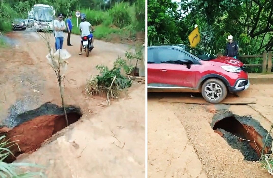 Cratera aberta pela enxurrada em estrada rural após temporal em Iúna; motociclista e moradores observam o local, enquanto um ônibus aguarda passagem e um veículo atravessa ponte comprometida na ES-185, usando passagem improvisada com tábuas, para evitar erosão causada pelo grande volume de água da chuva.
