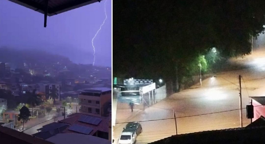 Montagem com imagens do temporal em Iúna mostrando incidência de raios sobre a cidade à noite e rua alagada.
