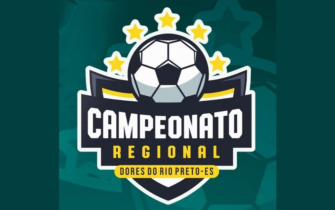 Arte oficial do Campeonato Regional de Futebol de Dores do Rio Preto 2026, com escudo estilizado em verde e preto, bola de futebol ao centro e estrelas douradas acima, destacando o nome da competição.