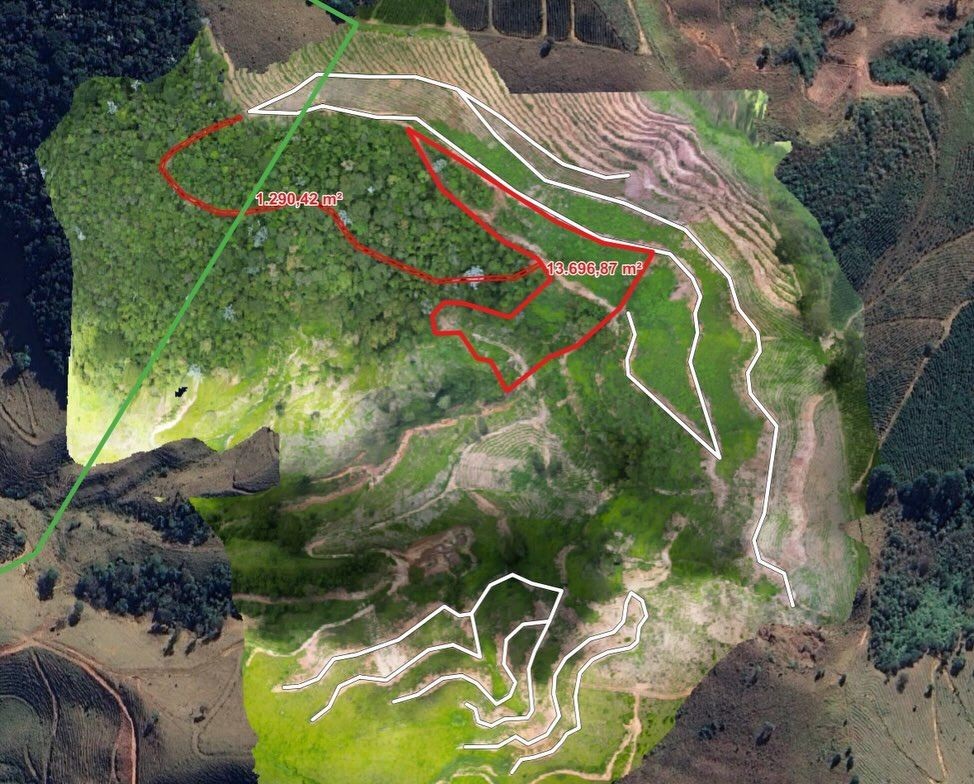Vista aérea de área com intervenção irregular e demarcações destacando supressão de vegetação nativa.