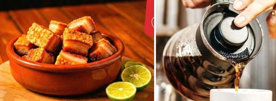 A imagem é dividida em duas partes que destacam a gastronomia do evento. À esquerda, uma tigela de barro repleta de cubos de torresmo bem crocantes e dourados, acompanhados de fatias de limão siciliano ao lado. À direita, um detalhe em close mostra café sendo servido de uma jarra de vidro moderna para uma xícara, com o vapor subindo, representando os cafés especiais da região do Caparaó.