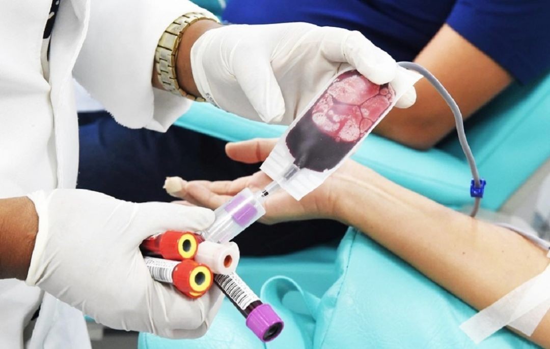 Profissional de saúde utilizando luvas realiza procedimento de coleta de sangue em doador sentado em cadeira hospitalar, segurando bolsa de sangue conectada ao braço do paciente.
