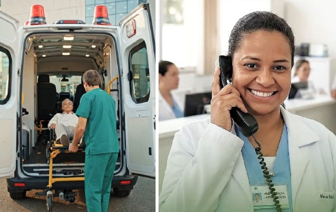 Montagem dividida ao meio. Na esquerda, um profissional de saúde de verde auxilia um idoso em uma maca a entrar em uma ambulância branca. Na direita, uma atendente de jaleco branco sorri enquanto fala ao telefone em uma unidade de saúde.