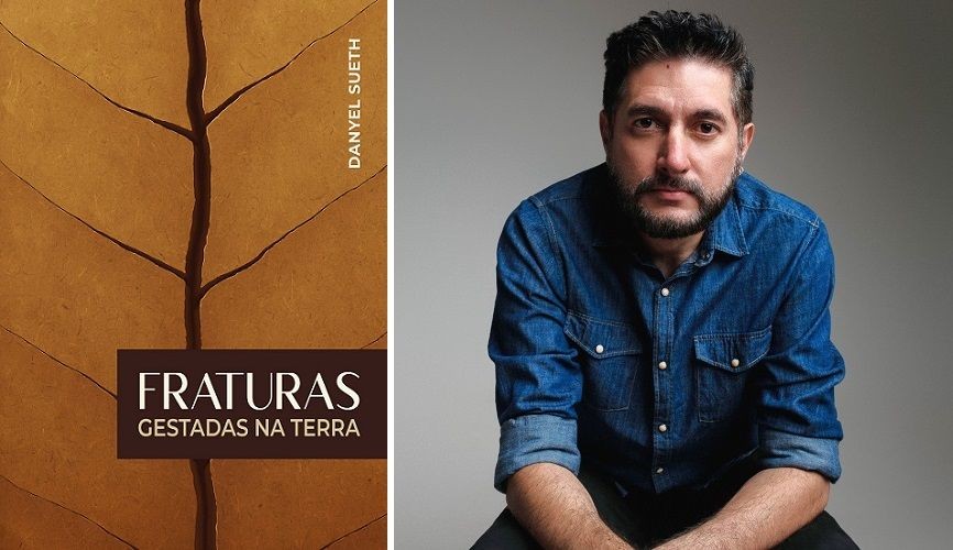 Capa do livro “Fraturas gestadas na terra”, de Danyel Sueth, ao lado de retrato do autor, escritor capixaba que lançou romance inspirado nas montanhas do Caparaó e na cultura dos cafés especiais.
