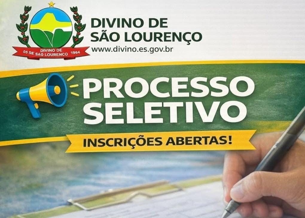 Cartaz da Prefeitura de Divino de São Lourenço anunciando processo seletivo com inscrições abertas de 9 a 13 de março de 2026 para vagas nas secretarias de Obras e Agricultura.