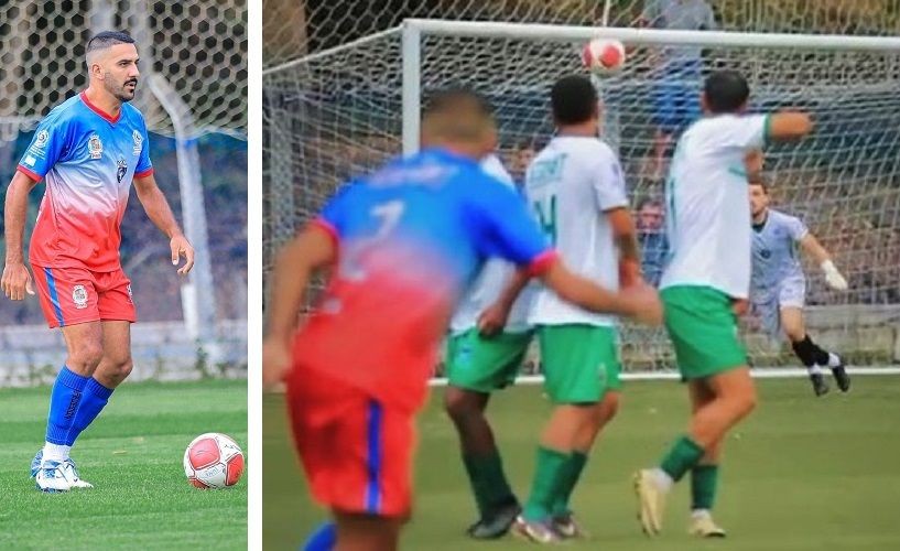 Arthur, jogador da equipe de Iúna domina a bola durante partida contra Ibatiba e o momento da cobrança de falta que resultou em gol pela Copa Sesport.