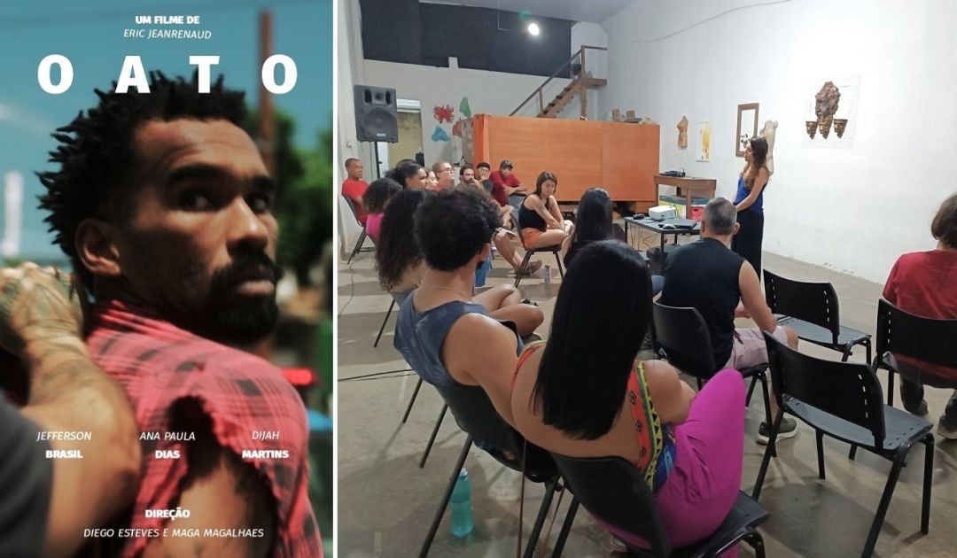 Montagem com o pôster vertical do curta-metragem 