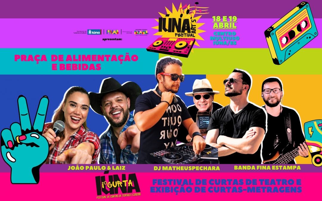 Cartaz colorido com fundo em faixas roxa, verde e rosa. No topo, o logotipo 