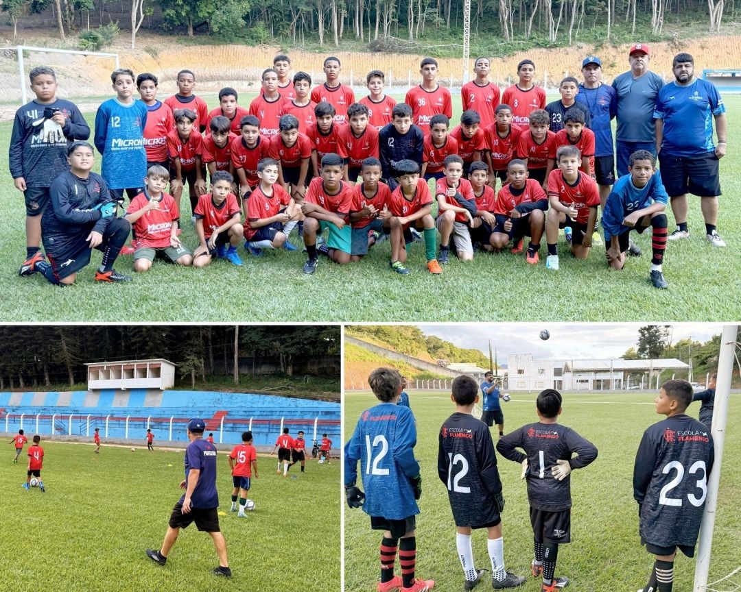 •	Foto montagem com jogadores da Escola Flamengo Iúna posando ao lado de seus treinadores, usando uniforme vermelho e os goleiros de preto, além de imagens que mostram os jovens atletas treinando, no Estádio em Iúna.