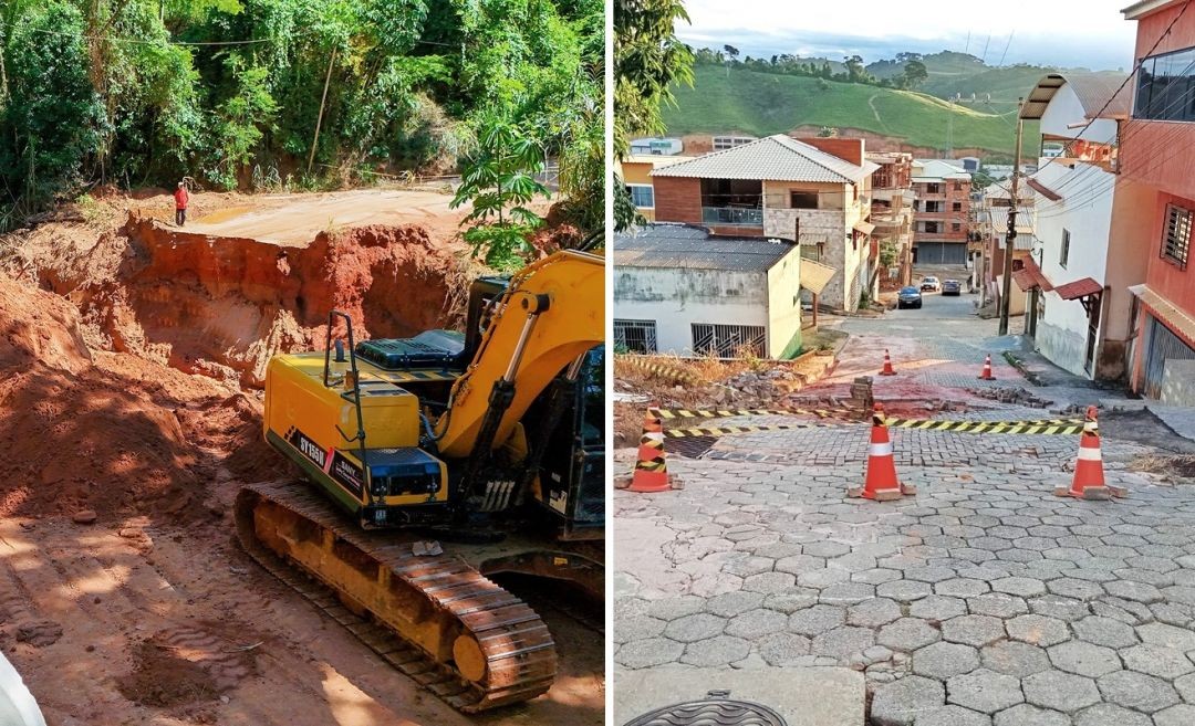 A imagem é uma colagem de duas fotos. À esquerda, uma escavadeira amarela trabalha em uma enorme cratera de terra vermelha que cortou uma estrada de chão cercada por vegetação. Um operário observa ao fundo. À direita, uma rua urbana de calçamento sextavado (bloquetes) está interditada com cones laranjas e fita zebrada amarela e preta; ao fundo, veem-se casas e morros verdes.