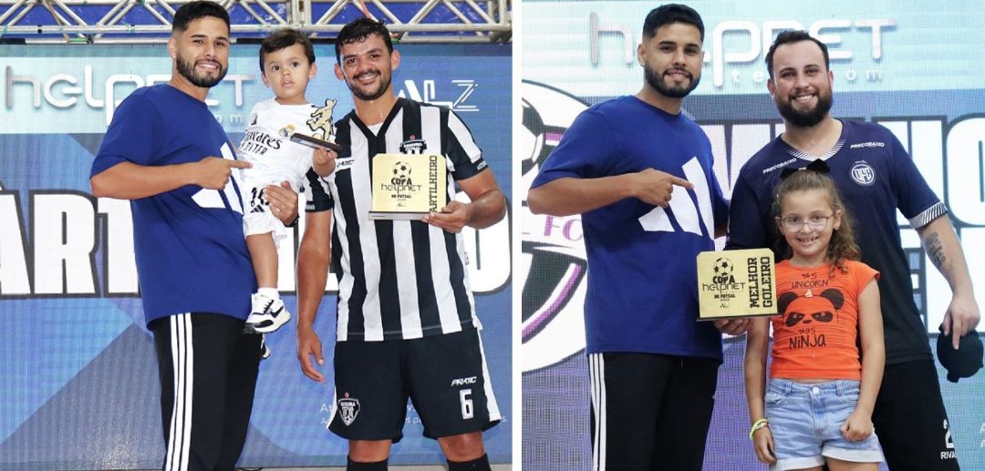 Montagem com duas fotos, com o jogador Diego Storck, do Resenha, recebendo o prêmio de artilheiro melhor, e Thiago Justo, o de melhor goleiro, da Copa Helpnet Telecom de Futsal 2026, posando com troféu ao lado de Mateus Alvarez e uma criança, em frente ao painel do evento.
