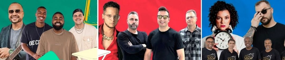 Montagem com imagens promocionais das atrações musicais do Festival Botecos do Caparaó, mostrando integrantes de bandas e artistas em fundo colorido, representando diferentes estilos como samba, MPB, pop e rock.