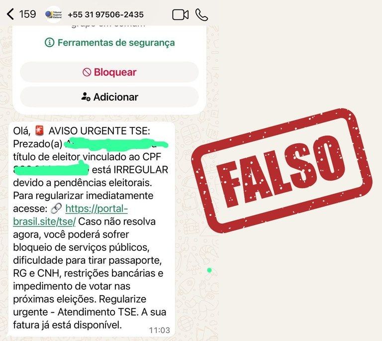 Captura de tela de mensagem falsa do TSE para cobrança de multas eleitorais, com número de telefone que não é do tribunal.