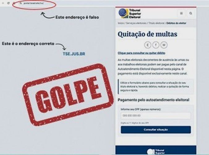Captura de tela de página falsa que simula site do TSE para cobrança de multas eleitorais, com indicação de golpe e URL incorreta.