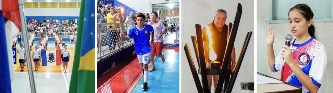 Painel com quatro imagens verticais. A primeira mostra o alinhamento das equipes na quadra visto por trás das bandeiras. A segunda mostra um jovem atleta correndo com a tocha olímpica. A terceira destaca o momento em que a pira olímpica é acesa. A quarta mostra a estudante Mirella Figueira ao microfone, com a mão levantada, realizando o juramento do atleta.