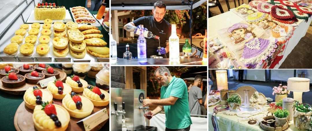 Conjunto de seis fotos detalhando a feira. Inclui vitrines de doces e tortas decoradas com morangos; um atendente preparando drinks; exposição de artesanato em crochê; e um homem servindo chope artesanal.