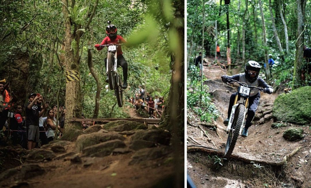 Duas imagens de ação em trilha de mata fechada. À esquerda, a ciclista Nara Faria é capturada no ar durante um salto (gap) com sua bicicleta de Downhill. À direita, a atleta aparece em alta velocidade contornando uma curva técnica acentuada entre árvores e raízes expostas, utilizando capacete integral e equipamentos de proteção.
