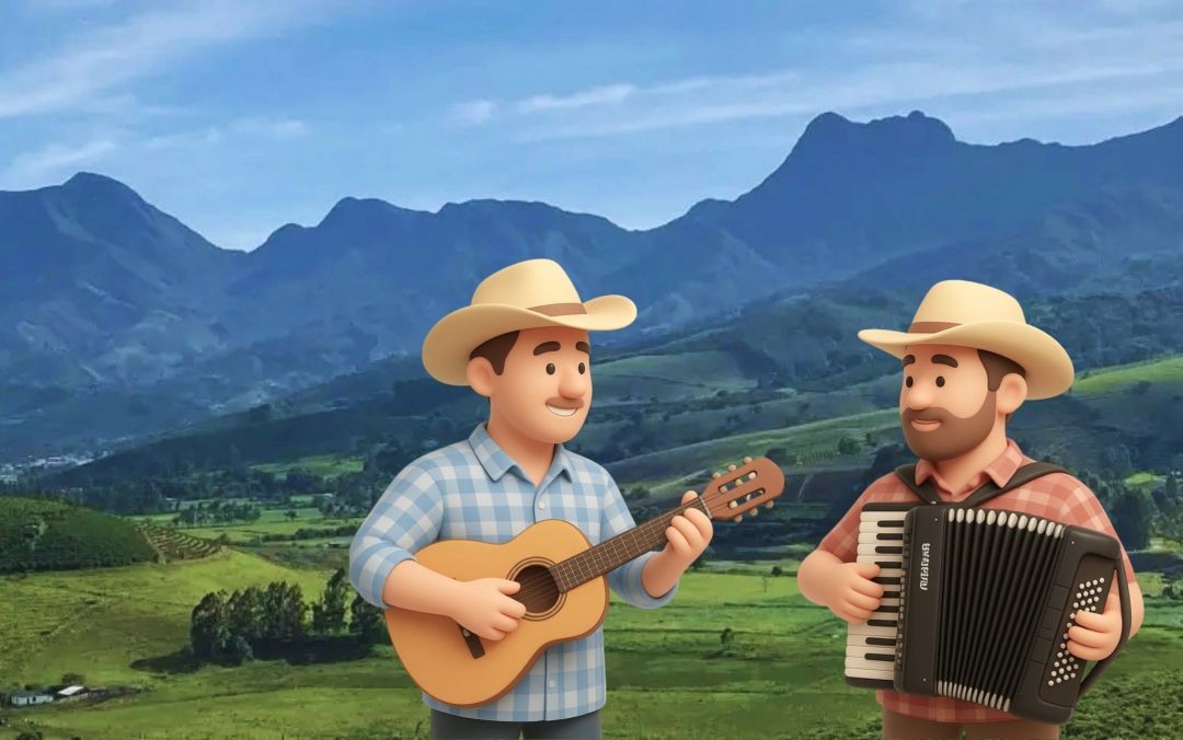 Foto panorâmica ao fundo da paisagem da Pedra Menina, próximo ao Parque Nacional do Caparaó, em Dores do Rio Preto, com o céu azul. Do centro para a direita da imagem, animações em 3D de um homem tocando uma viola e outro, uma sanfona.