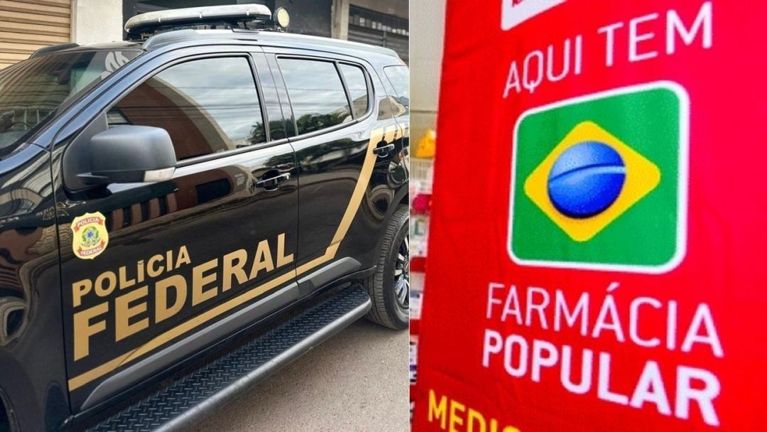 Foto montagem com viatura da Polícia Federal ao lado de placa do programa Farmácia Popular, representando operação contra fraudes em distribuição de medicamentos.