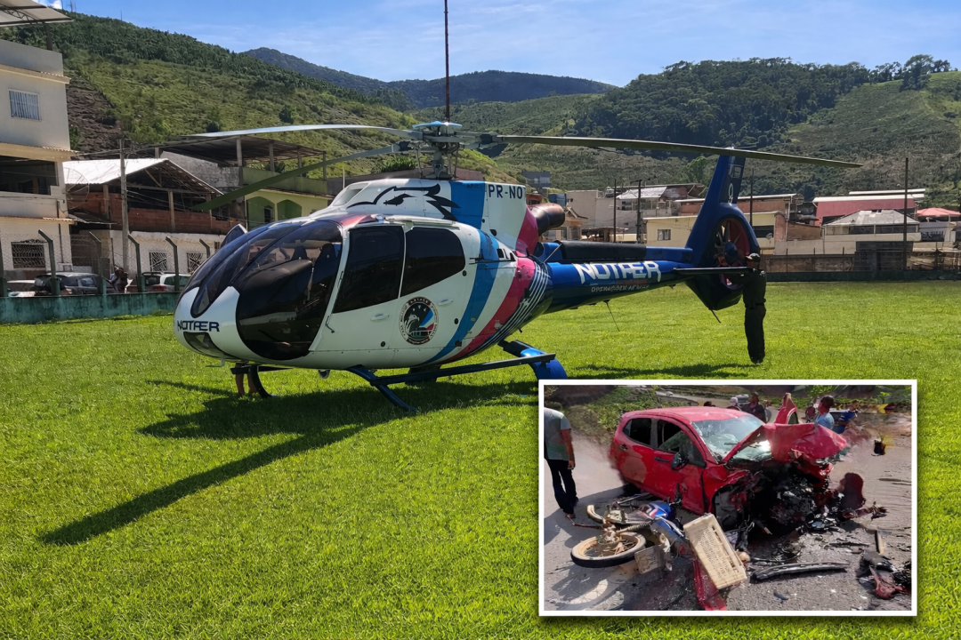 Helicóptero do Notaer utilizado em resgate aeromédico; imagem secundária mostra carro destruído após grave acidente na BR-262
