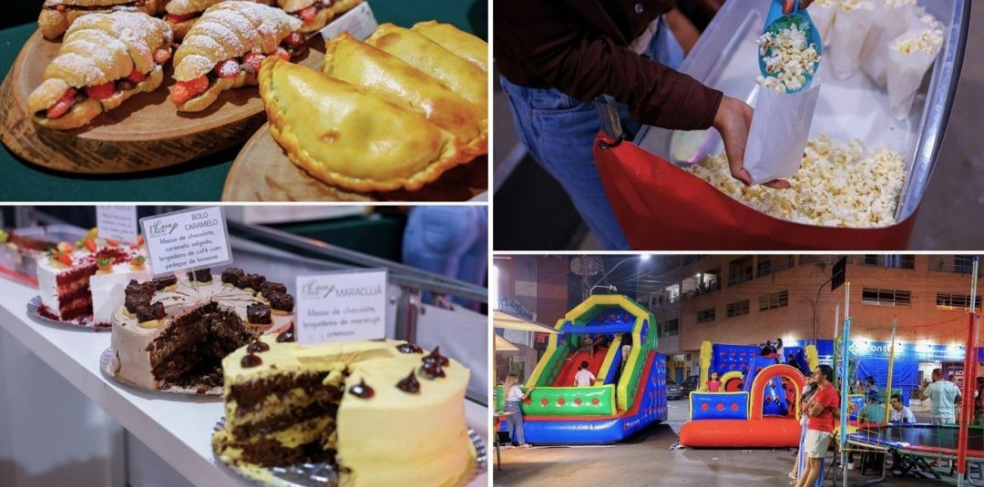 Colagem de quatro fotos mostrando a gastronomia e lazer do festival. Inclui croissants recheados, empanadas, bolos decorados, pipoca sendo servida e crianças brincando em brinquedos infláveis na rua à noite.