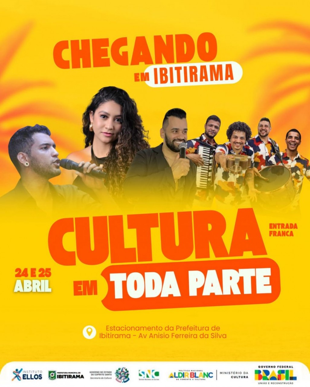 Arte de divulgação do evento Cultura em Toda Parte em Ibitirama, com destaque para os artistas que se apresentam nos dias 24 e 25 de abril.